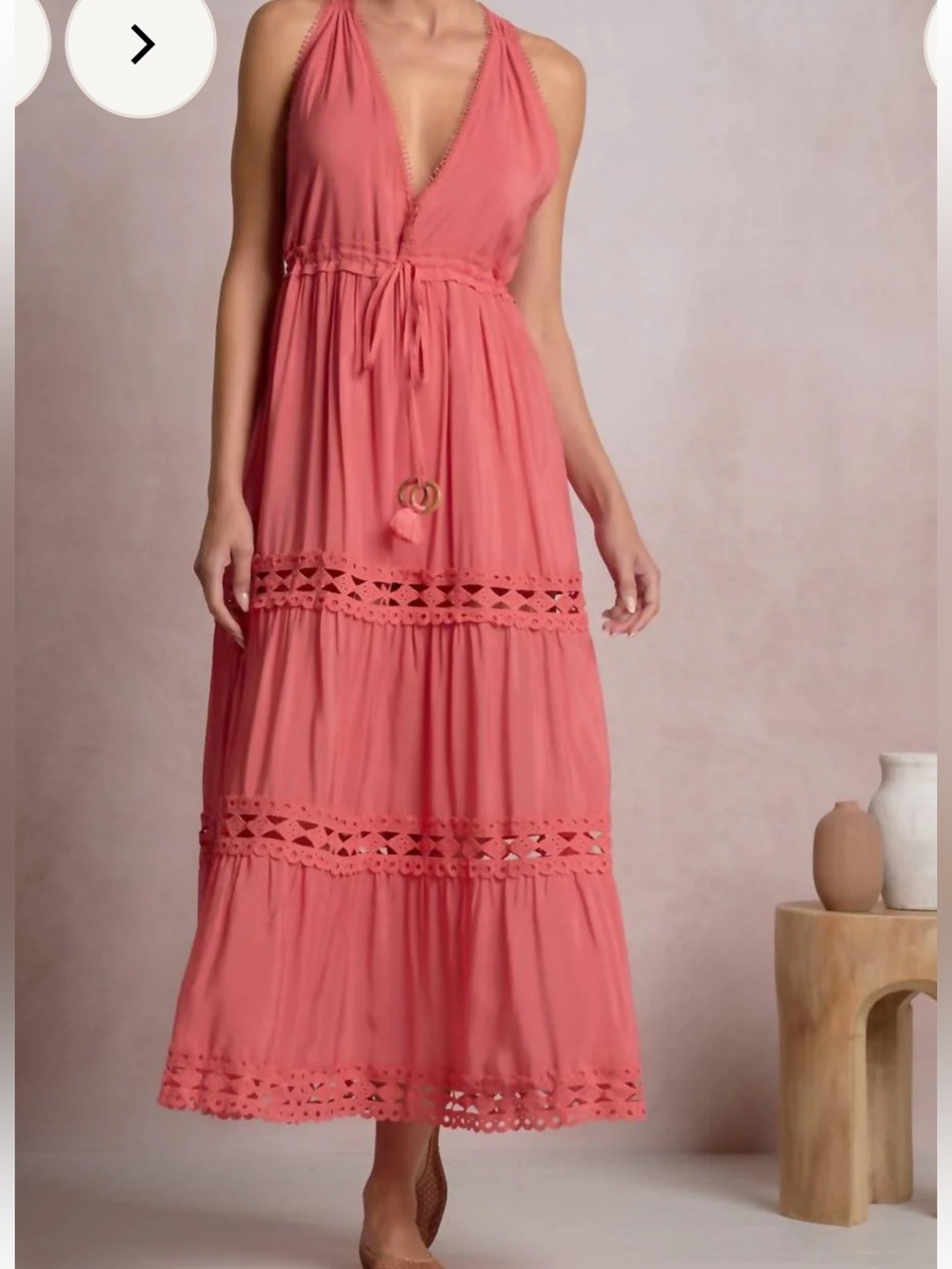 Elan Coral Halter Maxi Dress with Tassel Waist crochet details